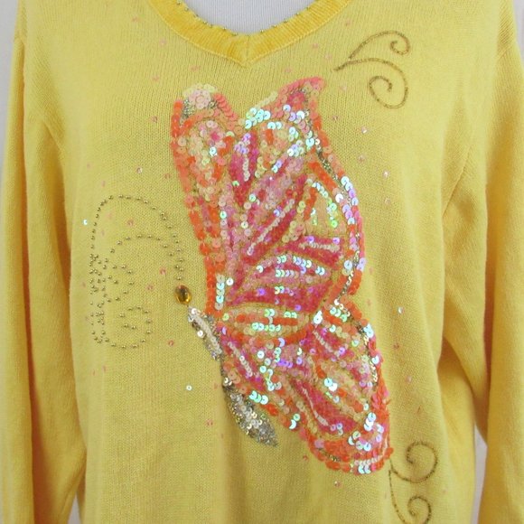 The Quacker Factory V Neck Sequined Butterfly Pullover Sweater - Picture 3 of 8